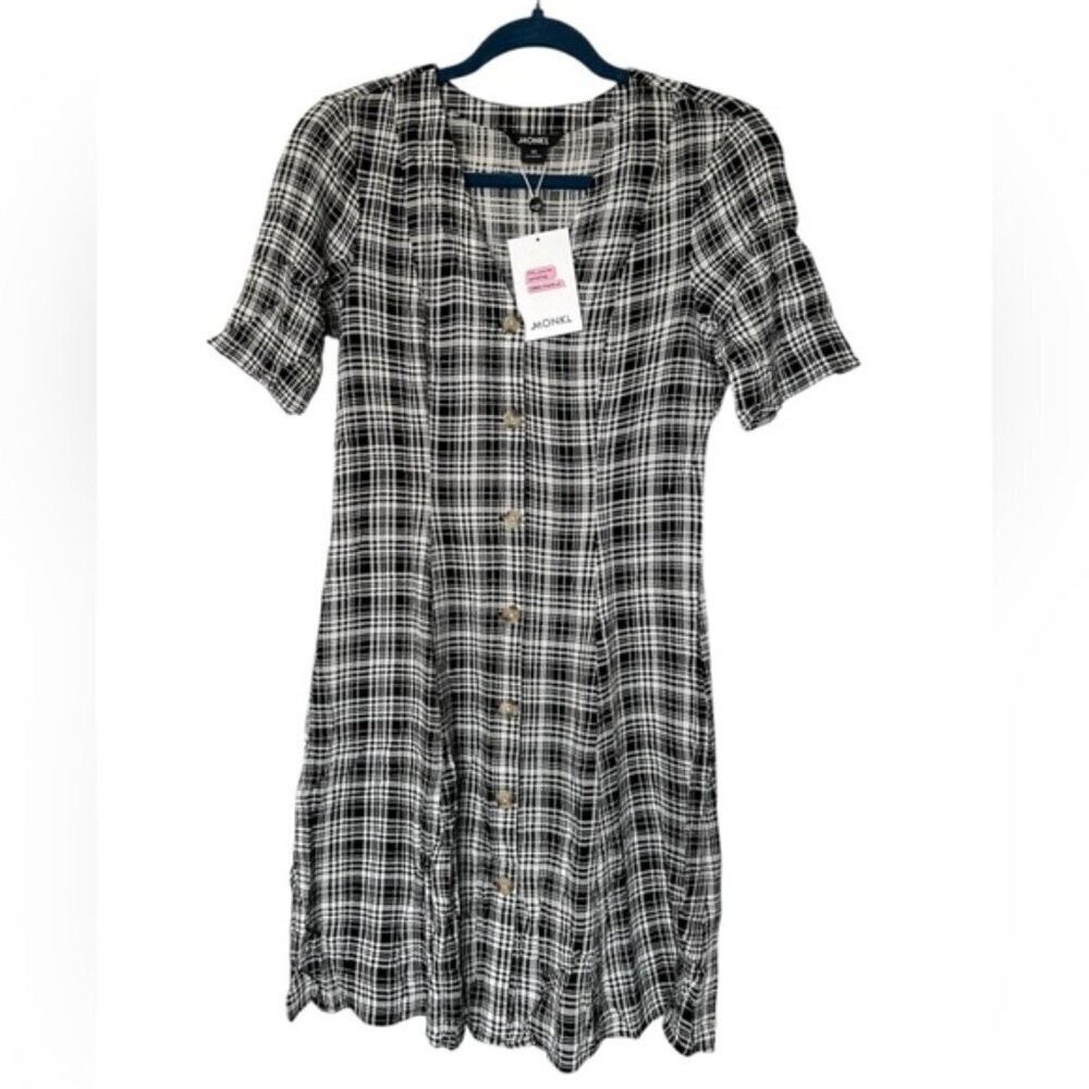 Monki - Ladies, Winona mini smock button down dress-Black/White. Size:XS. (1816)